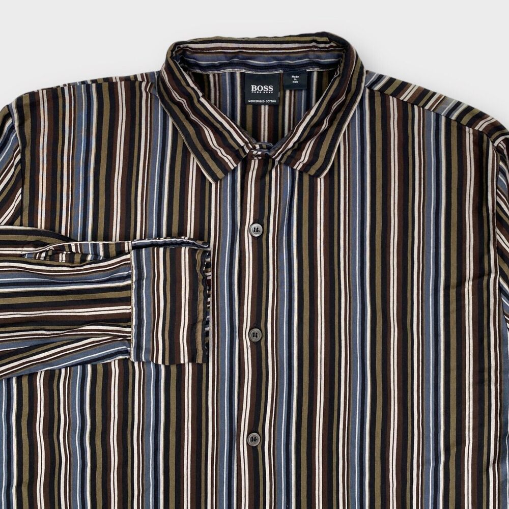 Hugo Boss Shirt Mens Large Multicolor Striped Made in Italy Mercerized Cotton